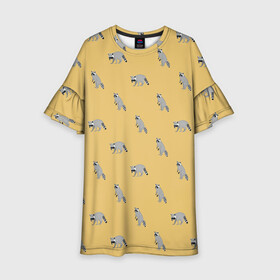 Детское платье 3D с принтом Еноты паттерн в Кировске, 100% полиэстер | прямой силуэт, чуть расширенный к низу. Круглая горловина, на рукавах — воланы | pattern | raccoons | еноты | забавные животные | звери | кремовый | охра | охристый | паттерн | песочный цвет | светло желтый