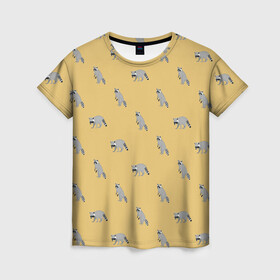 Женская футболка 3D с принтом Еноты паттерн в Кировске, 100% полиэфир ( синтетическое хлопкоподобное полотно) | прямой крой, круглый вырез горловины, длина до линии бедер | pattern | raccoons | еноты | забавные животные | звери | кремовый | охра | охристый | паттерн | песочный цвет | светло желтый