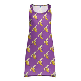 Платье-майка 3D с принтом Бананы на лиловом паттерн в Кировске, 100% полиэстер | полуприлегающий силуэт, широкие бретели, круглый вырез горловины, удлиненный подол сзади. | бананы | еда | лиловый | паттерн | сиреневый цвет | тропические фрукты | фиолетовый | фрукты