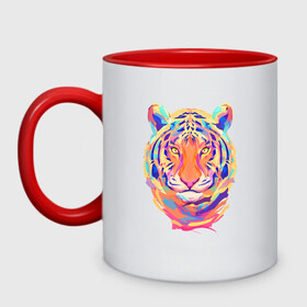 Кружка двухцветная с принтом Color Tiger в Кировске, керамика | объем — 330 мл, диаметр — 80 мм. Цветная ручка и кайма сверху, в некоторых цветах — вся внутренняя часть | 2022 | animal | cat | lion | tiger | год тигра | животные | зверь | зубы | кот | кошка | лев | охотник | полосатый | природа | тигр | тигренок | тигрица | хищник