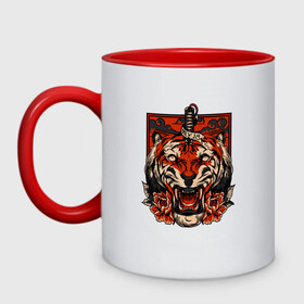 Кружка двухцветная с принтом Red Tiger в Кировске, керамика | объем — 330 мл, диаметр — 80 мм. Цветная ручка и кайма сверху, в некоторых цветах — вся внутренняя часть | 2022 | animal | cat | lion | tiger | год тигра | животные | зверь | зубы | кот | кошка | лев | охотник | полосатый | природа | тигр | тигренок | тигрица | хищник