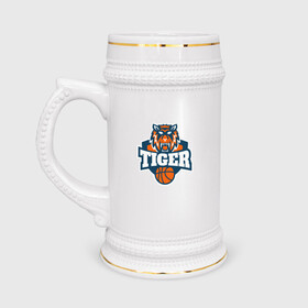 Кружка пивная с принтом Tiger Basketball в Кировске,  керамика (Материал выдерживает высокую температуру, стоит избегать резкого перепада температур) |  объем 630 мл | 2022 | animal | basketball | cat | lion | nba | tiger | баскетбол | год тигра | животные | зверь | зубы | кот | кошка | лев | нба | охотник | полосатый | природа | спорт | тигр | тигренок | тигрица | хищник