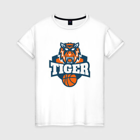 Женская футболка хлопок с принтом Tiger Basketball в Кировске, 100% хлопок | прямой крой, круглый вырез горловины, длина до линии бедер, слегка спущенное плечо | 2022 | animal | basketball | cat | lion | nba | tiger | баскетбол | год тигра | животные | зверь | зубы | кот | кошка | лев | нба | охотник | полосатый | природа | спорт | тигр | тигренок | тигрица | хищник