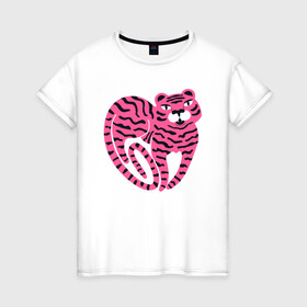 Женская футболка хлопок с принтом Pink Tiger в Кировске, 100% хлопок | прямой крой, круглый вырез горловины, длина до линии бедер, слегка спущенное плечо | Тематика изображения на принте: 2022 | animal | cat | lion | tiger | год тигра | животные | зверь | зубы | кот | кошка | лев | охотник | полосатый | природа | тигр | тигренок | тигрица | хищник
