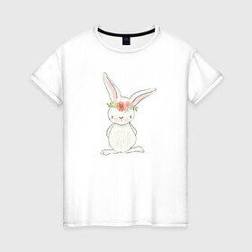 Женская футболка хлопок с принтом милый кролик в Кировске, 100% хлопок | прямой крой, круглый вырез горловины, длина до линии бедер, слегка спущенное плечо | заяц | кролик. венок | лапы | мода | мультик | персонаж | уши | хвост