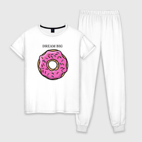 Женская пижама хлопок с принтом Пончик в Кировске, 100% хлопок | брюки и футболка прямого кроя, без карманов, на брюках мягкая резинка на поясе и по низу штанин | big | donut | dream | пончик | сладость