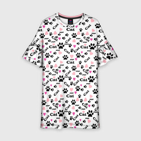 Детское платье 3D с принтом Следы кошачьих лап  в Кировске, 100% полиэстер | прямой силуэт, чуть расширенный к низу. Круглая горловина, на рукавах — воланы | веселый | детский | для девочек | кошачьи следы | кошки | модный | розовый | следы | черный