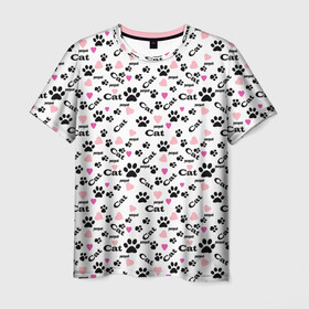 Мужская футболка 3D с принтом Следы кошачьих лап  в Кировске, 100% полиэфир | прямой крой, круглый вырез горловины, длина до линии бедер | веселый | детский | для девочек | кошачьи следы | кошки | модный | розовый | следы | черный