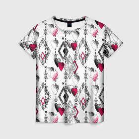Женская футболка 3D с принтом Абстрактный современный узор  в Кировске, 100% полиэфир ( синтетическое хлопкоподобное полотно) | прямой крой, круглый вырез горловины, длина до линии бедер | абстрактный | ажурный | бабочки | винтажный | красное сердце | лоскуты | любовь | пэчворк | ретро | сердце | современный | черный и белый