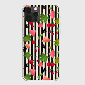 Чехол для iPhone 12 Pro Max с принтом Ягодно-арбузный микс  в Кировске, Силикон |  | акварель | арбузы | бабочки | вишня | клубника | полосатый | фрукты | черно белые полосы | черные полосы | ягоды