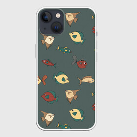 Чехол для iPhone 13 с принтом Морские рыбки на зеленом фоне в Кировске,  |  | fish | summer | tdsmr | весна | зеленый | лето | море | праздник | принт | природа | рыбы
