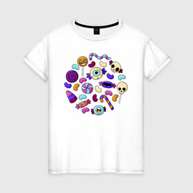 Женская футболка хлопок с принтом Конфетный набор в Кировске, 100% хлопок | прямой крой, круглый вырез горловины, длина до линии бедер, слегка спущенное плечо | иллюстрация | карамель | конфеты | леденец | ужастик