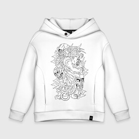 Детское худи Oversize хлопок с принтом Tiger & Skulls tattoo в Кировске, френч-терри — 70% хлопок, 30% полиэстер. Мягкий теплый начес внутри —100% хлопок | боковые карманы, эластичные манжеты и нижняя кромка, капюшон на магнитной кнопке | graphics | hype | jungle | skull | tattoo | tiger | графика | татуировка | тигр | хайп | череп