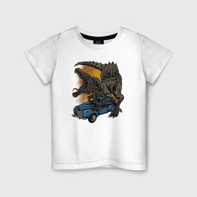 Детская футболка хлопок с принтом Спинозавр в Кировске, 100% хлопок | круглый вырез горловины, полуприлегающий силуэт, длина до линии бедер | авто | динозавр | иллюстрация | машина | спинозавр