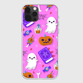 Чехол для iPhone 12 Pro Max с принтом Дневной Хэллоуин в Кировске, Силикон |  | background | иллюстрация | книга | конфеты | паутина | призрак | тыква