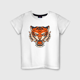 Детская футболка хлопок с принтом Super Tiger в Кировске, 100% хлопок | круглый вырез горловины, полуприлегающий силуэт, длина до линии бедер | 2022 | animal | cat | lion | tiger | год тигра | животные | зверь | зубы | кот | кошка | лев | охотник | полосатый | природа | тигр | тигренок | тигрица | хищник