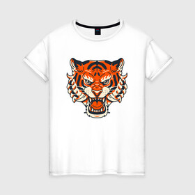 Женская футболка хлопок с принтом Super Tiger в Кировске, 100% хлопок | прямой крой, круглый вырез горловины, длина до линии бедер, слегка спущенное плечо | 2022 | animal | cat | lion | tiger | год тигра | животные | зверь | зубы | кот | кошка | лев | охотник | полосатый | природа | тигр | тигренок | тигрица | хищник