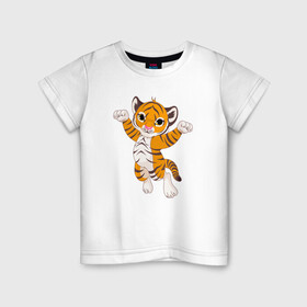 Детская футболка хлопок с принтом Милый тигренок в Кировске, 100% хлопок | круглый вырез горловины, полуприлегающий силуэт, длина до линии бедер | 2022 | animal | cat | lion | tiger | год тигра | животные | зверь | зубы | кот | кошка | лев | охотник | полосатый | природа | тигр | тигренок | тигрица | хищник