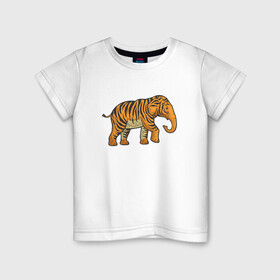 Детская футболка хлопок с принтом Тигровый слон в Кировске, 100% хлопок | круглый вырез горловины, полуприлегающий силуэт, длина до линии бедер | 2022 | animal | cat | elephant | lion | tiger | африка | год тигра | животные | зверь | зубы | кот | кошка | лев | охотник | полосатый | природа | слон | слоненок | тигр | тигренок | тигрица | хищник