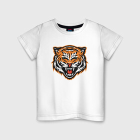 Детская футболка хлопок с принтом Грозный тигр в Кировске, 100% хлопок | круглый вырез горловины, полуприлегающий силуэт, длина до линии бедер | 2022 | animal | cat | lion | tiger | год тигра | животные | зверь | зубы | кот | кошка | лев | охотник | полосатый | природа | тигр | тигренок | тигрица | хищник