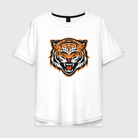 Мужская футболка хлопок Oversize с принтом Грозный тигр в Кировске, 100% хлопок | свободный крой, круглый ворот, “спинка” длиннее передней части | 2022 | animal | cat | lion | tiger | год тигра | животные | зверь | зубы | кот | кошка | лев | охотник | полосатый | природа | тигр | тигренок | тигрица | хищник