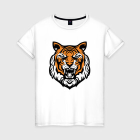 Женская футболка хлопок с принтом Голова тигра в Кировске, 100% хлопок | прямой крой, круглый вырез горловины, длина до линии бедер, слегка спущенное плечо | 2022 | animal | cat | lion | tiger | год тигра | животные | зверь | зубы | кот | кошка | лев | охотник | полосатый | природа | тигр | тигренок | тигрица | хищник