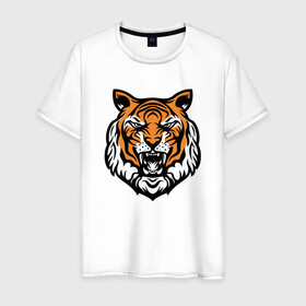 Мужская футболка хлопок с принтом Голова тигра в Кировске, 100% хлопок | прямой крой, круглый вырез горловины, длина до линии бедер, слегка спущенное плечо. | 2022 | animal | cat | lion | tiger | год тигра | животные | зверь | зубы | кот | кошка | лев | охотник | полосатый | природа | тигр | тигренок | тигрица | хищник