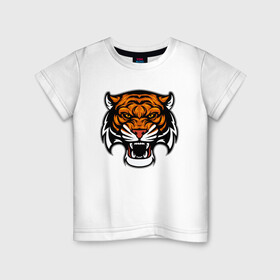 Детская футболка хлопок с принтом Оскал в Кировске, 100% хлопок | круглый вырез горловины, полуприлегающий силуэт, длина до линии бедер | 2022 | animal | cat | lion | tiger | год тигра | животные | зверь | зубы | кот | кошка | лев | охотник | полосатый | природа | тигр | тигренок | тигрица | хищник