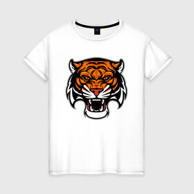 Женская футболка хлопок с принтом Оскал в Кировске, 100% хлопок | прямой крой, круглый вырез горловины, длина до линии бедер, слегка спущенное плечо | 2022 | animal | cat | lion | tiger | год тигра | животные | зверь | зубы | кот | кошка | лев | охотник | полосатый | природа | тигр | тигренок | тигрица | хищник