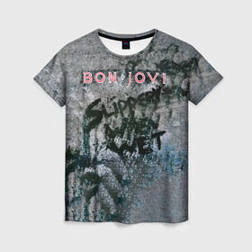 Женская футболка 3D с принтом Slippery When Wet - Bon Jovi в Кировске, 100% полиэфир ( синтетическое хлопкоподобное полотно) | прямой крой, круглый вырез горловины, длина до линии бедер | bon jovi | john | альбом | арена | бон | бон джови | глэм | группа | джови | джон | метал | музыка | надпись | песни | поп | попрок | рок | рокер | смайл | солист | софт | стена | хард | хеви | хевиметал