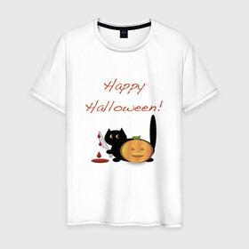 Мужская футболка хлопок с принтом Happy Halloween! в Кировске, 100% хлопок | прямой крой, круглый вырез горловины, длина до линии бедер, слегка спущенное плечо. | halloween | hallowin | hellowin | котик | страшилка | тыква | хэллоувин