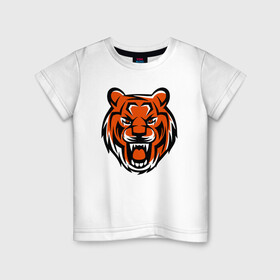 Детская футболка хлопок с принтом Злобный тигр в Кировске, 100% хлопок | круглый вырез горловины, полуприлегающий силуэт, длина до линии бедер | 2022 | animal | cat | lion | tiger | год тигра | животные | зверь | зубы | кот | кошка | лев | охотник | полосатый | природа | тигр | тигренок | тигрица | хищник
