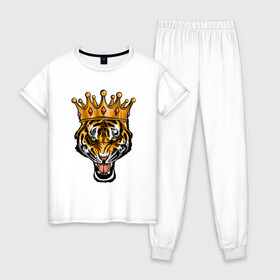 Женская пижама хлопок с принтом Царь тигр в Кировске, 100% хлопок | брюки и футболка прямого кроя, без карманов, на брюках мягкая резинка на поясе и по низу штанин | 2022 | animal | cat | lion | tiger | год тигра | животные | зверь | зубы | кот | кошка | лев | охотник | полосатый | природа | тигр | тигренок | тигрица | хищник