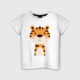 Детская футболка хлопок с принтом Cartoon Tiger в Кировске, 100% хлопок | круглый вырез горловины, полуприлегающий силуэт, длина до линии бедер | Тематика изображения на принте: 2022 | animal | cat | lion | tiger | год тигра | животные | зверь | зубы | кот | кошка | лев | охотник | полосатый | природа | тигр | тигренок | тигрица | хищник