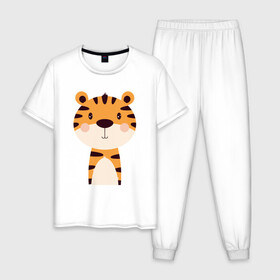 Мужская пижама хлопок с принтом Cartoon Tiger в Кировске, 100% хлопок | брюки и футболка прямого кроя, без карманов, на брюках мягкая резинка на поясе и по низу штанин
 | 2022 | animal | cat | lion | tiger | год тигра | животные | зверь | зубы | кот | кошка | лев | охотник | полосатый | природа | тигр | тигренок | тигрица | хищник