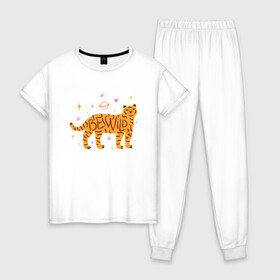 Женская пижама хлопок с принтом Be Wild в Кировске, 100% хлопок | брюки и футболка прямого кроя, без карманов, на брюках мягкая резинка на поясе и по низу штанин | 2022 | animal | cat | lion | tiger | год тигра | животные | зверь | зубы | кот | кошка | лев | охотник | полосатый | природа | тигр | тигренок | тигрица | хищник
