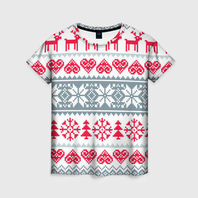 Женская футболка 3D с принтом Вязаный рисунок в Кировске, 100% полиэфир ( синтетическое хлопкоподобное полотно) | прямой крой, круглый вырез горловины, длина до линии бедер | арт | вязаный рисунок | вязь | любовь | новый год | ночь | олени | олень | рисунок | рождество | сердечки | сердечко | сердце | снег | снеговик | снеговики | снежинка | снежинки