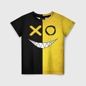 Детская футболка 3D с принтом Yellow and black smile в Кировске, 100% гипоаллергенный полиэфир | прямой крой, круглый вырез горловины, длина до линии бедер, чуть спущенное плечо, ткань немного тянется | emoji | smile | глаза крестики | злой смайл | злой смайлик | зубы | контраст | крестики | подарок | пятна | смайл | смайлик | улыбка | эмоджи | эмоция
