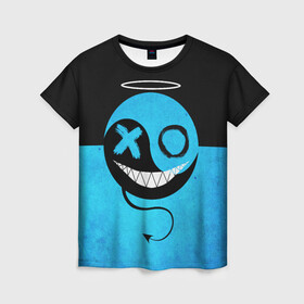 Женская футболка 3D с принтом Smail Blue в Кировске, 100% полиэфир ( синтетическое хлопкоподобное полотно) | прямой крой, круглый вырез горловины, длина до линии бедер | Тематика изображения на принте: emoji | smile | глаза крестики | злой смайл | злой смайлик | зубы | контраст | крестики | подарок | пятна | смайл | смайлик | улыбка | эмоджи | эмоция