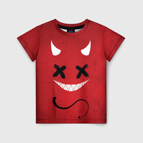Детская футболка 3D с принтом Red Evil Smile в Кировске, 100% гипоаллергенный полиэфир | прямой крой, круглый вырез горловины, длина до линии бедер, чуть спущенное плечо, ткань немного тянется | emoji | smile | глаза крестики | злой смайл | злой смайлик | зубы | контраст | крестики | подарок | пятна | смайл | смайлик | улыбка | эмоджи | эмоция
