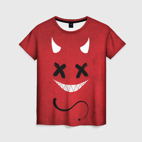 Женская футболка 3D с принтом Red Evil Smile в Кировске, 100% полиэфир ( синтетическое хлопкоподобное полотно) | прямой крой, круглый вырез горловины, длина до линии бедер | emoji | smile | глаза крестики | злой смайл | злой смайлик | зубы | контраст | крестики | подарок | пятна | смайл | смайлик | улыбка | эмоджи | эмоция