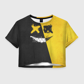 Женская футболка Crop-top 3D с принтом Yellow and Black Emoji в Кировске, 100% полиэстер | круглая горловина, длина футболки до линии талии, рукава с отворотами | Тематика изображения на принте: emoji | smile | глаза крестики | злой смайл | злой смайлик | зубы | контраст | крестики | подарок | пятна | смайл | смайлик | улыбка | эмоджи | эмоция