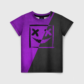 Детская футболка 3D с принтом Purple Smile в Кировске, 100% гипоаллергенный полиэфир | прямой крой, круглый вырез горловины, длина до линии бедер, чуть спущенное плечо, ткань немного тянется | emoji | smile | глаза крестики | злой смайл | злой смайлик | зубы | контраст | крестики | подарок | пятна | смайл | смайлик | улыбка | эмоджи | эмоция