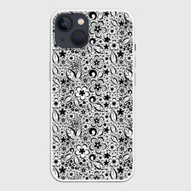 Чехол для iPhone 13 с принтом Черное кружево цветочное в Кировске,  |  | абстрактный | ажурный | ажурный узор | детский | для женщин | монохромный | цветочный узор | черно белый | черное кружево