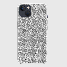 Чехол для iPhone 13 с принтом Ажурный кружевной узор в Кировске,  |  | абстрактный | ажурный узор | женский | кружевные цветы | современный | цветочный узор | черное кружево | черный и белый