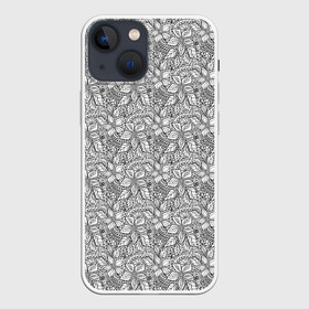 Чехол для iPhone 13 mini с принтом Ажурный кружевной узор в Кировске,  |  | абстрактный | ажурный узор | женский | кружевные цветы | современный | цветочный узор | черное кружево | черный и белый