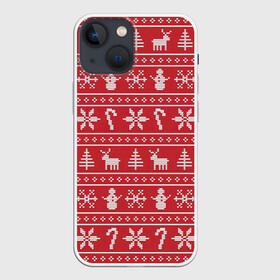 Чехол для iPhone 13 mini с принтом Новогодний атрибуты в Кировске,  |  | арт | вязаный рисунок | вязь | дерево | деревья | ёлка | ёлки | ель | конфета | конфеты | новый год | ночь | олени | олень | рисунок | рога | рождество | снег | снеговик | снеговики | снежинка | снежинки