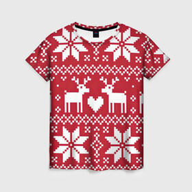 Женская футболка 3D с принтом Рождественские олени в Кировске, 100% полиэфир ( синтетическое хлопкоподобное полотно) | прямой крой, круглый вырез горловины, длина до линии бедер | арт | большие цветы | большой цветок | вязаный рисунок | вязь | новый год | олени | олень | рисунок | рождество | сердечко | сердце | снег | снежинка | снежинки | цветок | цветы