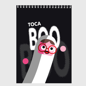 Скетчбук с принтом Toca Boo в Кировске, 100% бумага
 | 48 листов, плотность листов — 100 г/м2, плотность картонной обложки — 250 г/м2. Листы скреплены сверху удобной пружинной спиралью | digital toys | gamer | games | helicopter taxi | pets | toca boca | toca hair salon | toca kitchen | toca life | toca life city | toca life worl | toca tea party | video games | игры