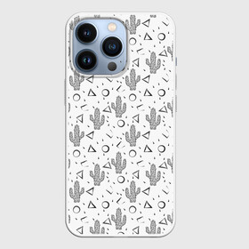 Чехол для iPhone 13 Pro с принтом черно белые кактусы узор в Кировске,  |  | Тематика изображения на принте: абстрактный | белый фон | геометрические фигуры | кольца | модный | пустыня | серый и белый | треугольники | черно белый